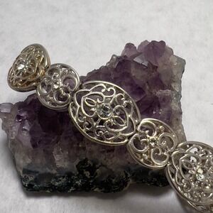 Silver Tone Filigree Scroll Stretch Bracelet Rhinestone Accents Elegant 7"